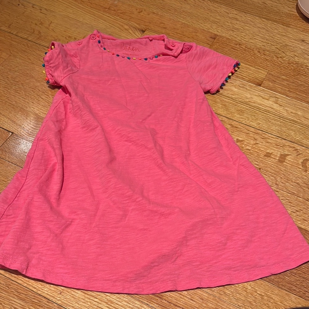Pink Short Sleeve Dress with Pom Pom Trim